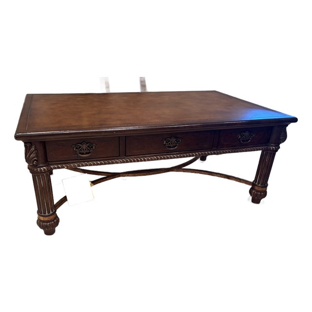 Lexington Leather Wrapped Rectangle Cocktail Table, 3 Drawers, Wood, Brass & Metal Stretcher For Sale