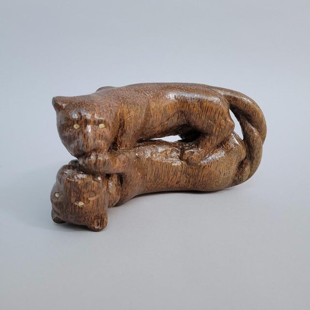 Antique Asian Hand-Carved Hardwood Panthers Sculpture, C. 1900–1930 For Sale - Image 4 of 9