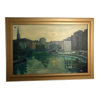 "Twilight Over the Canal" - Original Oil on Canvas 1968, Signed on the Bottom, Framed For Sale