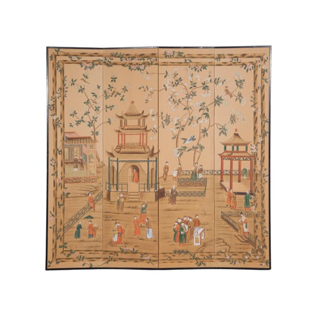 An exquisite Chinoiserie four-panel screen with excellent detail and grand scale. The hand-painted vintage silk art...