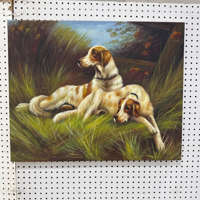 American Vintage Hunting Dogs Oil Painting Original Canvas For Sale - Image 3 of 9