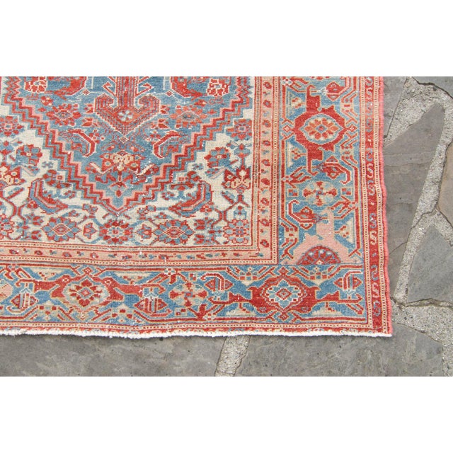 Tribal 1930s Vintage Medallion Floral Rug Brick Red Blue Hand Knotted Wool Pile Rug - 4’ X 6’6” For Sale - Image 3 of 10