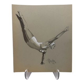1940s Original Signed Graphite Illustration of Female Diver in One-Hand Handstand, 11 X 9.75 In. For Sale
