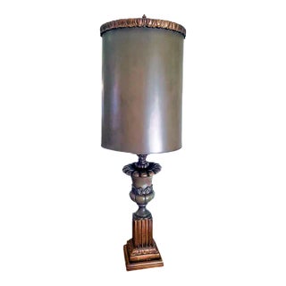 1970s Mid-Century Towering Green Toned Parcel Gilt Empire/Regency Table Lamp For Sale