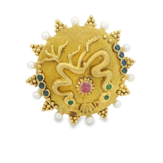 Signed Ilias Lalaounis 18k Gold Gemstone and Pearl Brooch, Greece, 1970s For Sale In Miami - Image 6 of 8