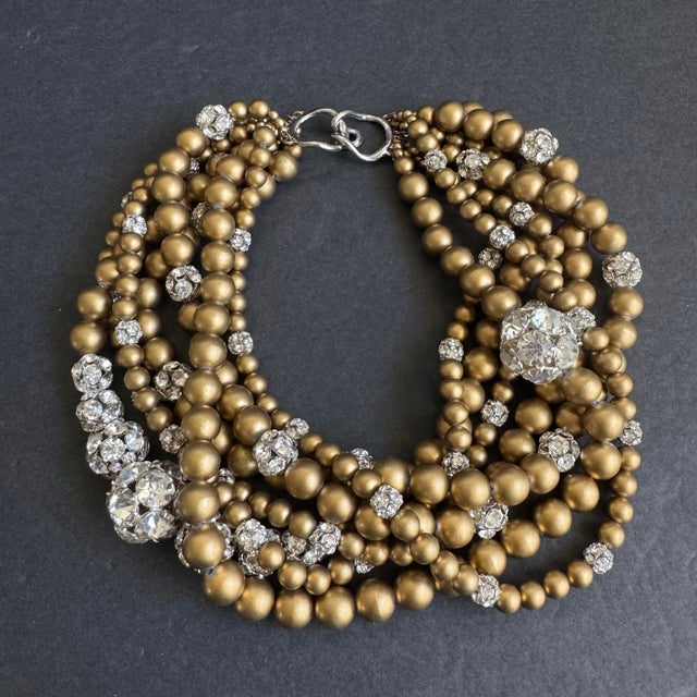 Mid 20th Century Vintage Multi-Strand Beaded Necklace Chunky Statement Cocktail Gold Rhinestone For Sale - Image 5 of 10