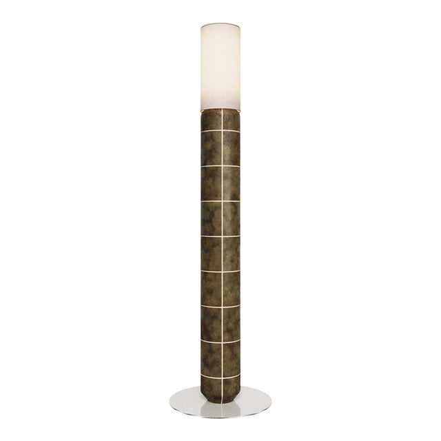 Handcrafted Ceramic Floor Lamp in With Linen Cylinder Lampshade in Gasoline Smoked Moss Glaze For Sale