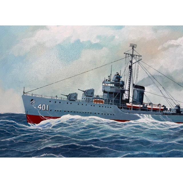 Blue Vintage Original A. Sundal u.s. Navy Battle Ship Boat Seascape Oil Painting 93 For Sale - Image 8 of 9