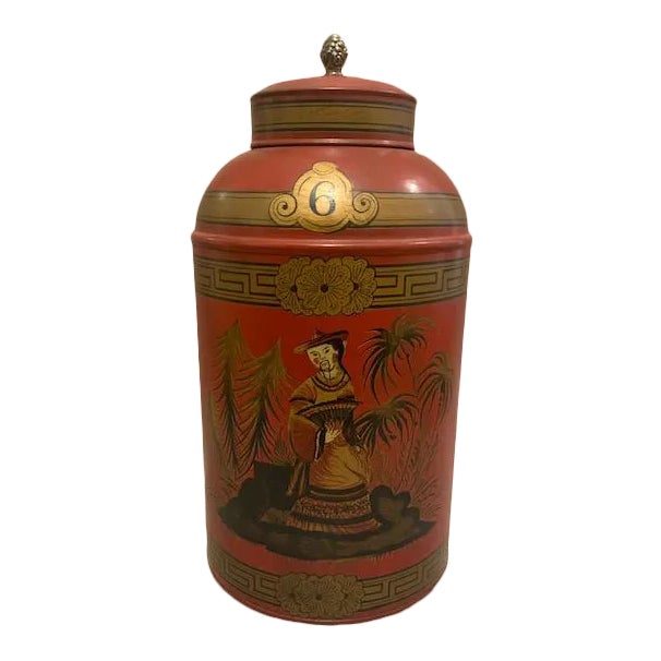 Hand Painted Chinoiserie Tole Canister For Sale