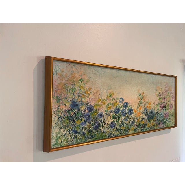 Beautiful large-scale vintage panoramic floral painting signed L. Spiegel, depicting an abundant field of wildflowers in a...