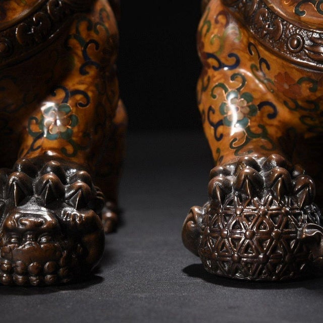 Pair of Cloisonne Enameled Guardian Lions – 10" Foo Dogs With Intricate Floral Motifs For Sale In Los Angeles - Image 6 of 9