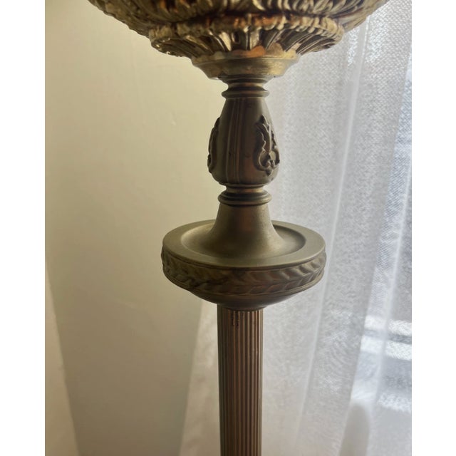 Metal Vintage Mid Century Brass Floor Lamp Floral Hand Painted Shade For Sale - Image 7 of 11