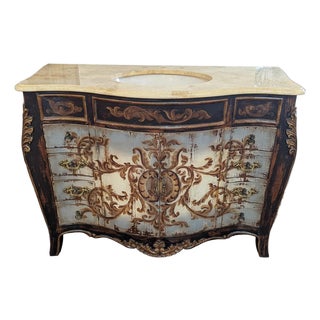 French Style Hand Painted Bathroom Vanity With Marble Top and Sink For Sale