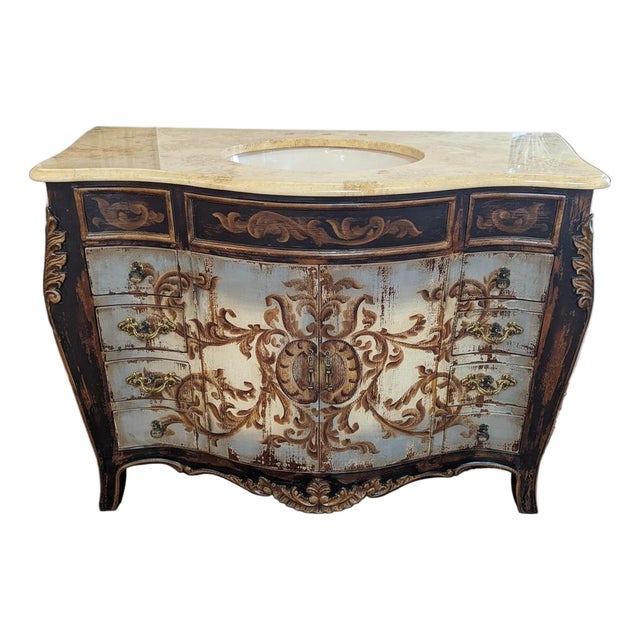 French Style Hand Painted Bathroom Vanity With Marble Top and Sink For Sale