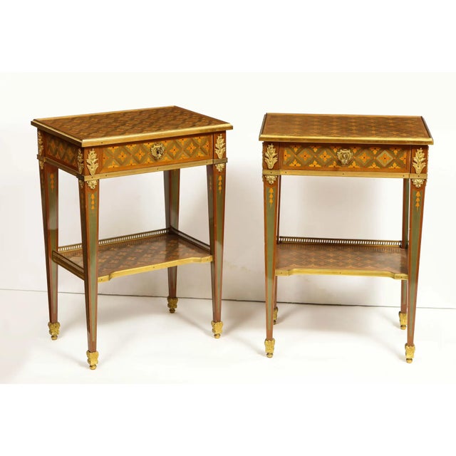 Exceptional Pair of French Ormolu-Mounted Parquetry and Marquetry Side Tables For Sale - Image 4 of 17