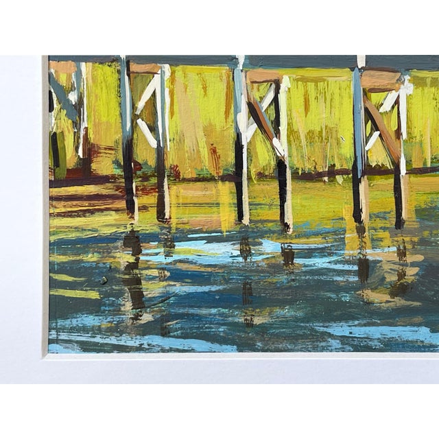 Acrylic on paper original painting of an old picturesque wooden dock extending over the water with bright watery...