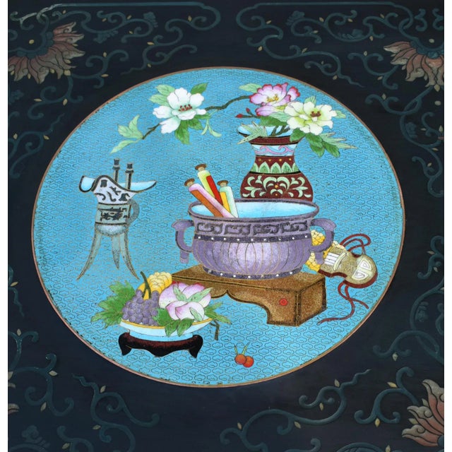 Asian Wood Coffee Table Painted Black Lacquer Chinese Cloisonne Enamel Panels 36" For Sale - Image 3 of 12