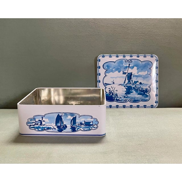 Late 20th Century Blue & White Windmill Tin Box For Sale - Image 4 of 9