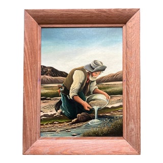 1950’s Vintage Illustrative Panning for Gold Painting For Sale