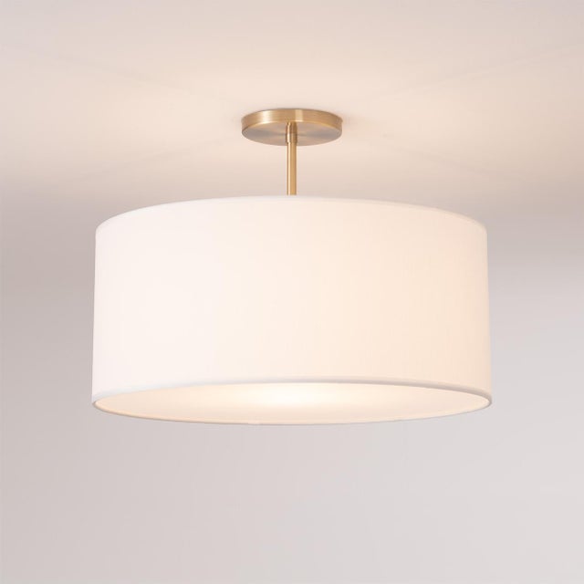 Mid-Century Modern Stretch Semi Flush Mount - Weathered Brass Steel, Drum White Linen Shade, 92" Height, Mid-Century Style For Sale - Image 3 of 4