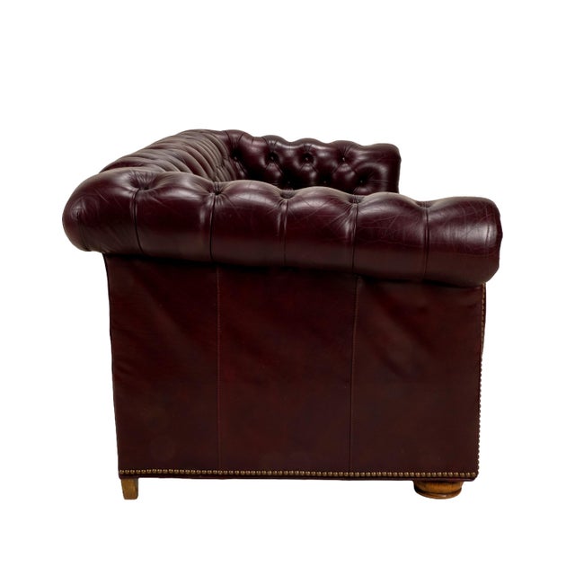 Vintage 1970s Tufted English Chesterfield Style Burgundy Leather Sofa 76" For Sale - Image 16 of 18