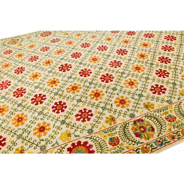 Contemporary Hand-Knotted Wool Suzani Style Area Rug With Floral Trellis Pattern For Sale - Image 4 of 12