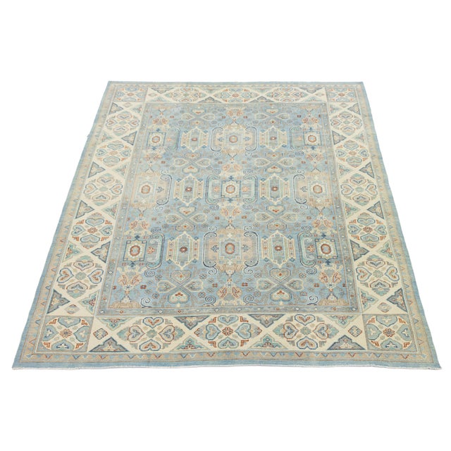 Contemporary Hand-Knotted Wool Oushak Style Area Rug in Sky Blue and Ivory For Sale - Image 11 of 12