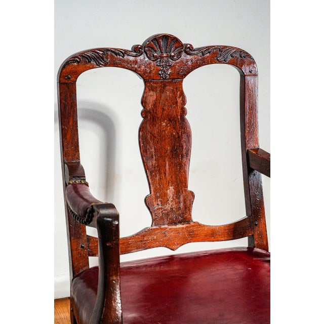 English Beautiful English Antique Carved Wood Walnut Desk Arm Chair Leather Seat For Sale - Image 3 of 18