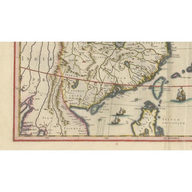 Copper Antique Map of China, Japan & Korea with Cartouches and Ships from Blaeu, 1642 For Sale - Image 8 of 12