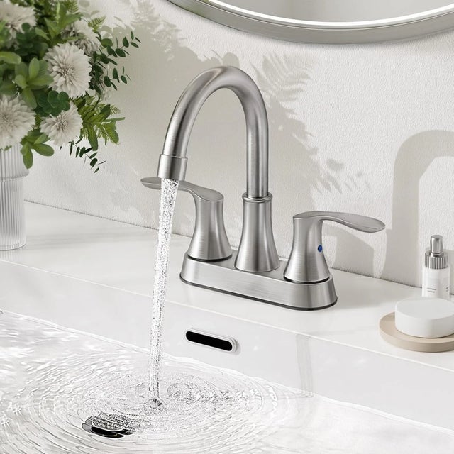 Metal Brushed Nickel Bathroom Sink Faucet 3Hole 4in Centerset Vanity Mixer With Drain For Sale - Image 7 of 8