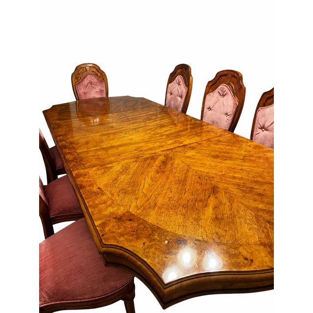 Vintage Figured Wood Double-Pedestal Dining Table With Eight Rose Upholstered Cane-Back Chairs — Nine-Piece Set For Sale - Image 11 of 18