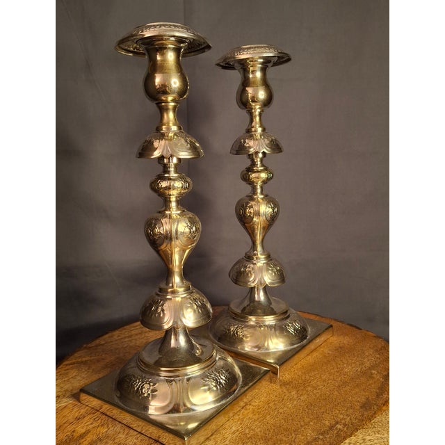 Antique Fraget Warsaw Shabbat Candlesticks Pair No. 4214 Polish Silver Plate 11" For Sale - Image 12 of 18