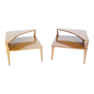 Large Square Light Walnut Step Corner End Tables Stands John Stuart MINT - A Pair