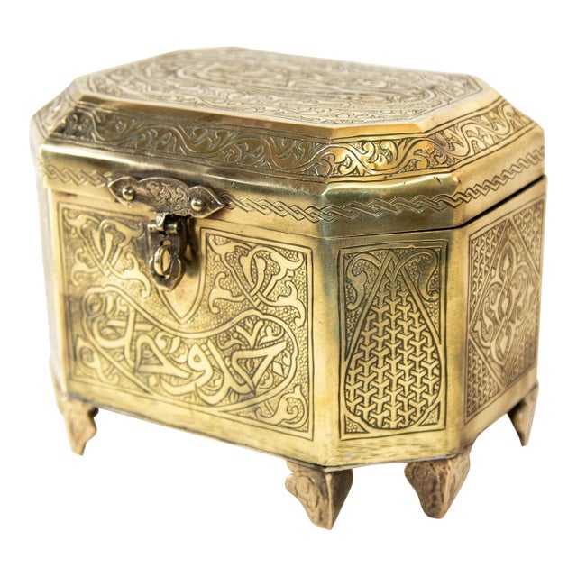 Persian Brass Jewelry Box in Mamluk Revival Damascene Moorish Islamic Style 1920 For Sale