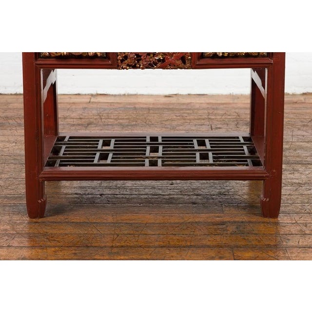 Red Chinese Red Lacquered Console Table with Hand Carved Drawers & Geometric Shelf For Sale - Image 8 of 12
