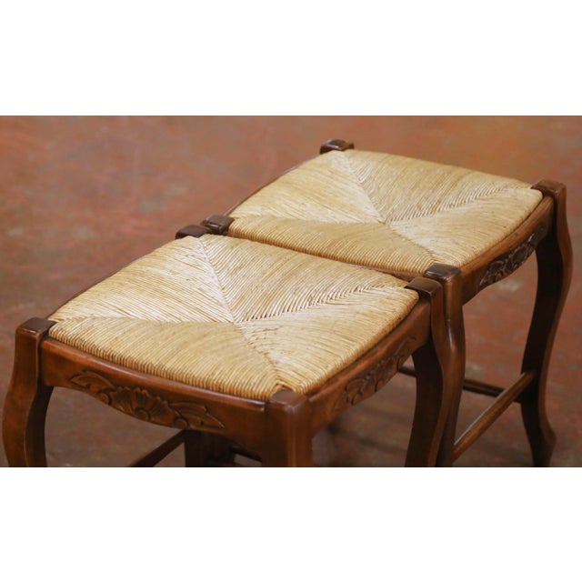 French Pair of French Louis XV Style Beech Stools With Rush Seats From Normandy For Sale - Image 3 of 7