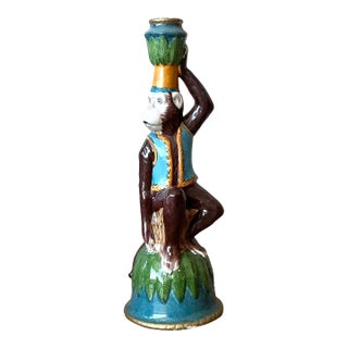 Vintage Boho Glazed Ceramic Monkey Candlestick For Sale