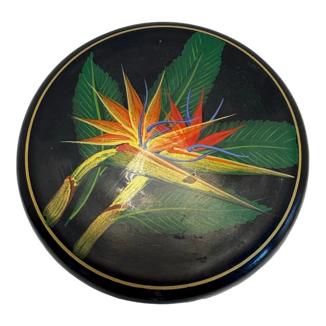 Vintage Black Lacquer Nesting Trinket Boxes Set of 3, Bird of Paradise Hand Painted, Round Jewelry Vanity Storage, Tropical Decor For Sale