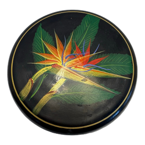 Vintage Black Lacquer Nesting Trinket Boxes Set of 3, Bird of Paradise Hand Painted, Round Jewelry Vanity Storage, Tropical Decor