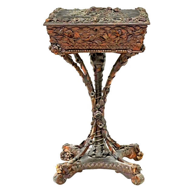 Handsome Sewing Box on Stand, Victorian, Wood & Leather, Red Velvet Lined, 19th Century, 1800's!! Victorian wood and...