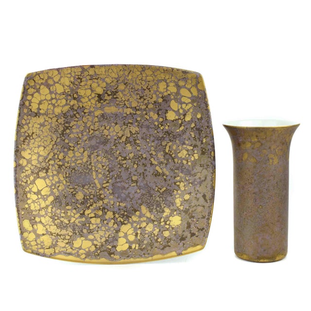 Rosenthal Vintage Rosenthal Studio Linie Hand Painted Goldfeuer Golden Purple Marble Design Small Vase and Plate Germany - 2 Pieces For Sale - Image 4 of 9