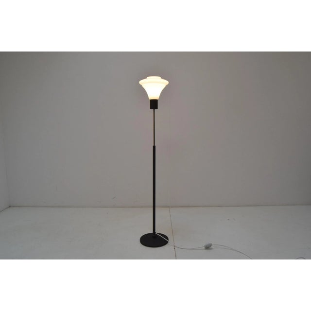 Made in Czechoslovakia Made of milk glass, chrome, lacquered metal New cabling, metal part newly painted Chrome has with...