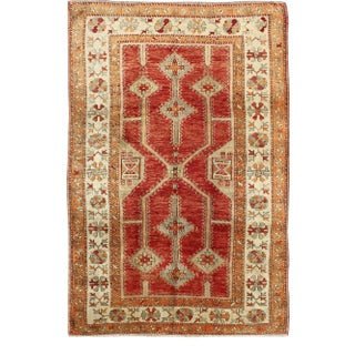 Antique Turkish Oushak Rug With Geometric Design in Red, Light Green, Orange and Cream For Sale