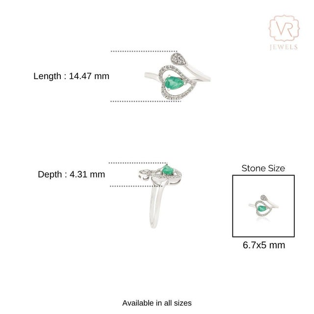 Emerald & Diamond Heart Halo Toi Et Moi Bypass Ring in 14k White Gold Size 8 For Sale - Image 12 of 17