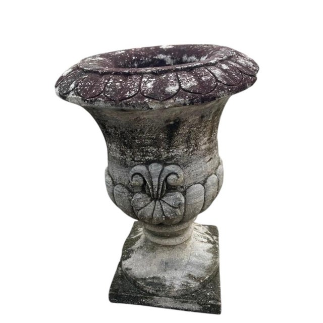 Vintage Classical Cast Stone Garden Urn With Fleur-De-Lis Relief & Weathered Patina For Sale In West Palm - Image 6 of 12