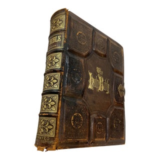 A J Holman 1881 Illustrated Holy Bible With Fancy Leather Cover & Gilt Edges & Decorations For Sale