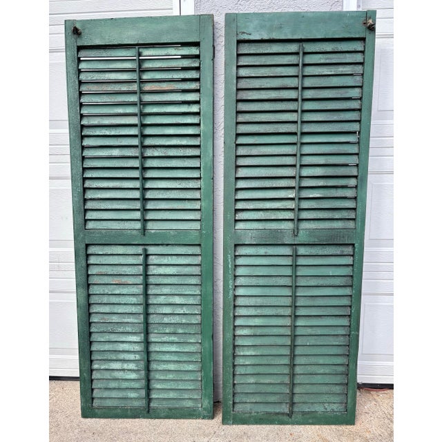 Green Antique American Green Farmhouse Shutter 19th C Architectural Salvage- Pair For Sale - Image 8 of 8