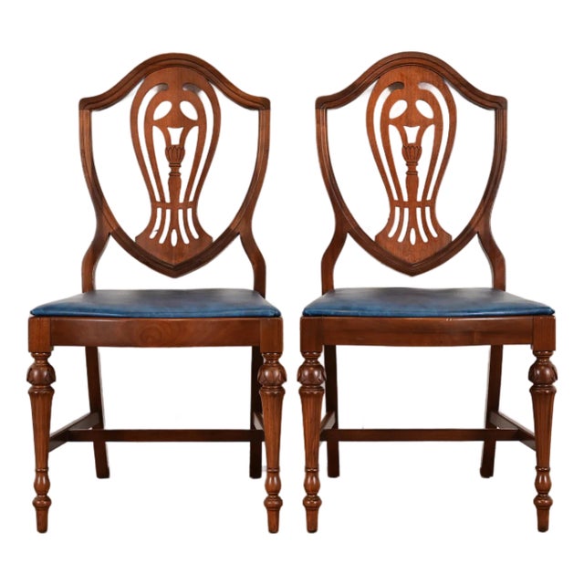 Baker Furniture Style Federal Carved Mahogany Shield Back Side Chairs or Dining Chairs, Pair For Sale