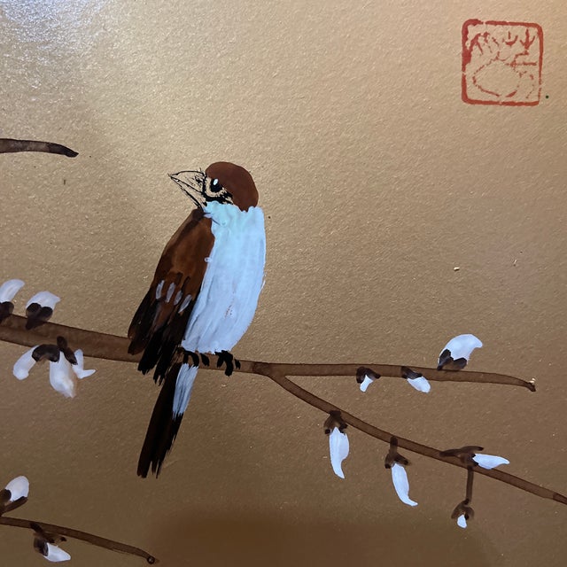 Gold 1970s Asian Half Silk Screen With Bird Accents For Sale - Image 8 of 9