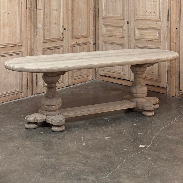 French Mid-Century Oval Trestle Table ~ Stripped Solid Oak For Sale - Image 4 of 18